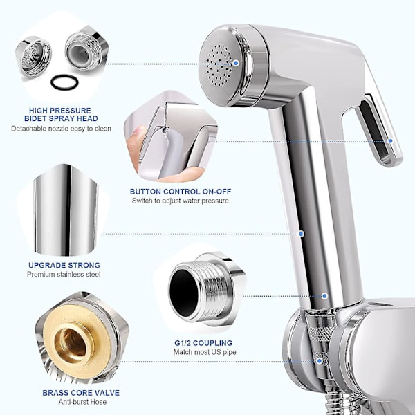 Bidet Sprinkler til Toilet, Premium Håndholdt Bidet Sprinkler med 59 Tommer Slange, Højtryks Badeværelses Håndsprinkler Sæt