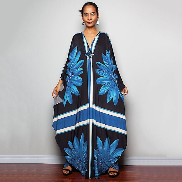 Kvinners trykte maxi-kjole flaggermus ermet strandkjole plus size sommerkjole strandklær kaftan cover-ups Dn0515