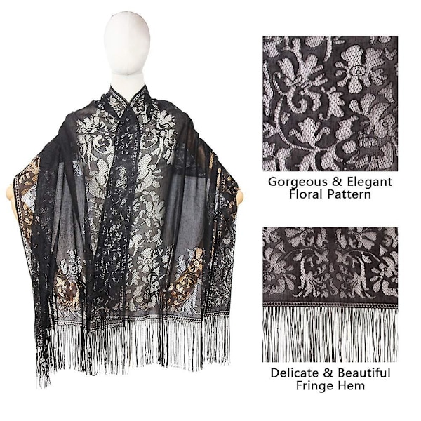 Ladiery Dam Floral Spets Sjal Sjal Med Tofs, Mjuk Mesh Frans Wraps För Bröllop Kväll Festklänningar（Stil 4）