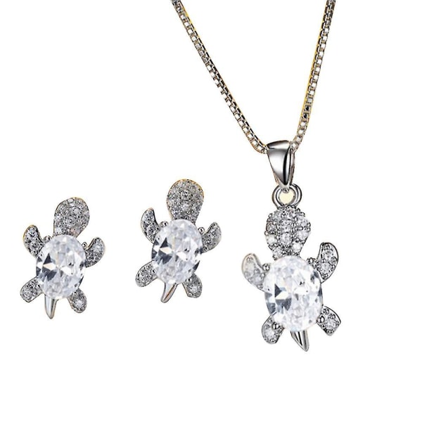 Cute Tortoise Crystal Pendant Necklace Earrings Jewelry Set For Women Girls Valentine&#39;s Day Gift（White）