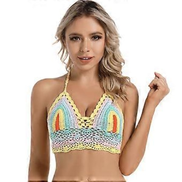 Polstret Hæklet Strandtop til Kvinder, Dyb V-Hals Hæklet Halterneck Croptop Justerbar Rygbinding Farverig gul M(Farverig gulM) Colorful yellow M