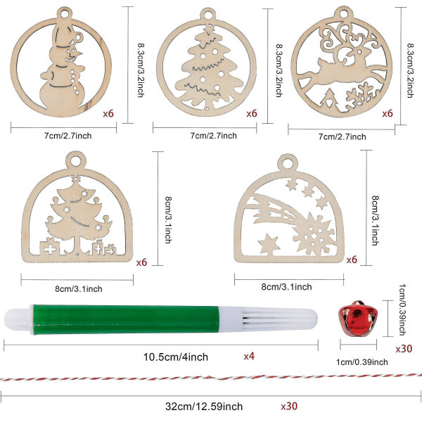 30 stk uferdige trehengende ornamenter for juledekorasjoner, 5 stiler DIY treskiver med hull