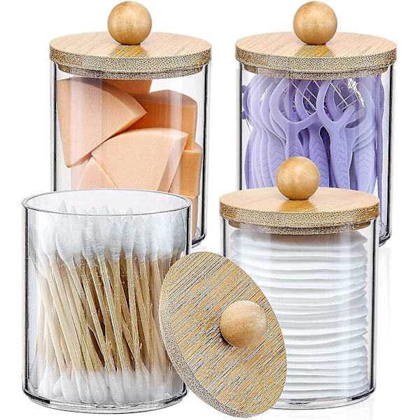 4 stk. Q-tip-holderdispenser, 10 oz. klare plastikbeholdere til apotekerkrukker til forfængelighedsmakeup-arrangør