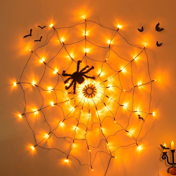 Halloween Edderkoppnettlys, Oransje Lys med Svart Edderkopp, Utendørs Vanntett Edderkoppnettlys Halloween-dekorasjon