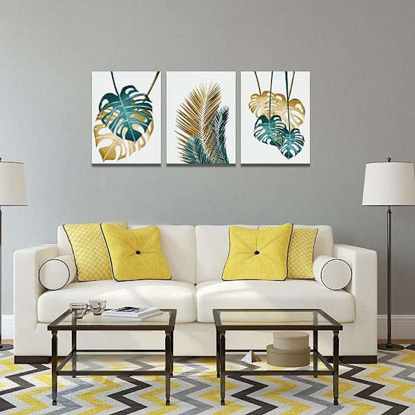 Ableau Väggdekoration Vardagsrum Canvas Monstera Golden And Gre