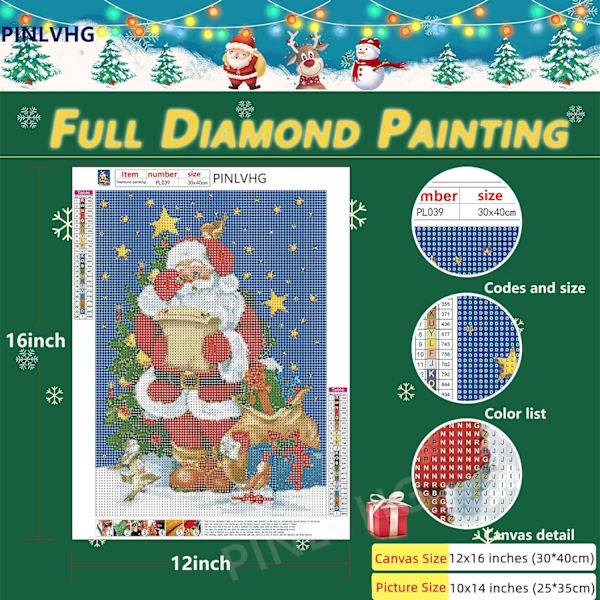 Julklapp Diamantmålning Kits för Vuxna, 5D Digital Målning för Barn Nybörjare, Full DIY för Väggdekor, Julgåva (Tomten 30,5 x 40,6 cm)