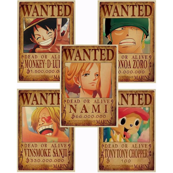 Anime-plakat, One Piece efterlyste plakater 51,5 cm × 35,5 cm stor, mand