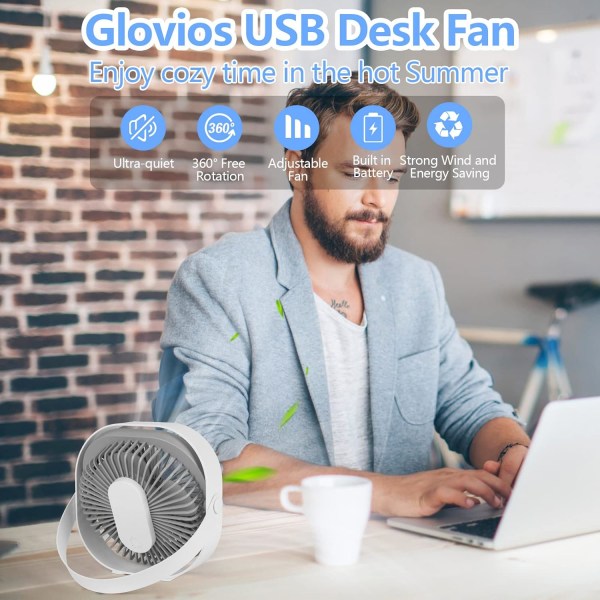 Glovivos USB-skrivebordsvifte, 3-trinns hvit skrivebordsvifte, 360° justerbar