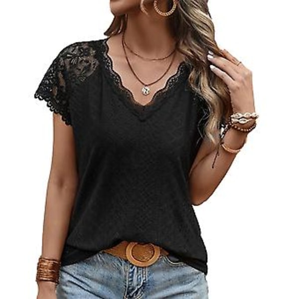 Kortärmad blus för damer, V-ringning, spetskant, enfärgad, moderiktig, andningsbar för sommaren (XL svart) black XL