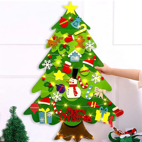 Filtjulgran för barnvägg, filtjulgran för småbarn med lampor + 41 dekorationer, DIY filtträd set julgransdekorationer, julklappar till småbarn