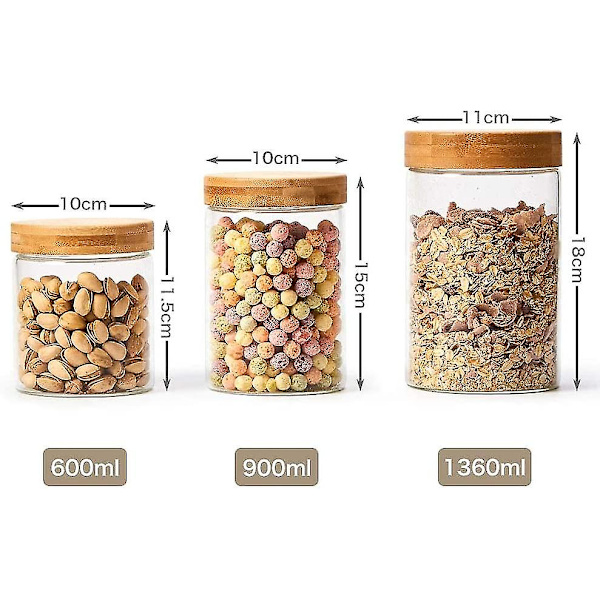 Sæt med 6 lufttætte glasbeholdere, 1360 ml + 900 ml + 600 ml opbevaringsglas til mad