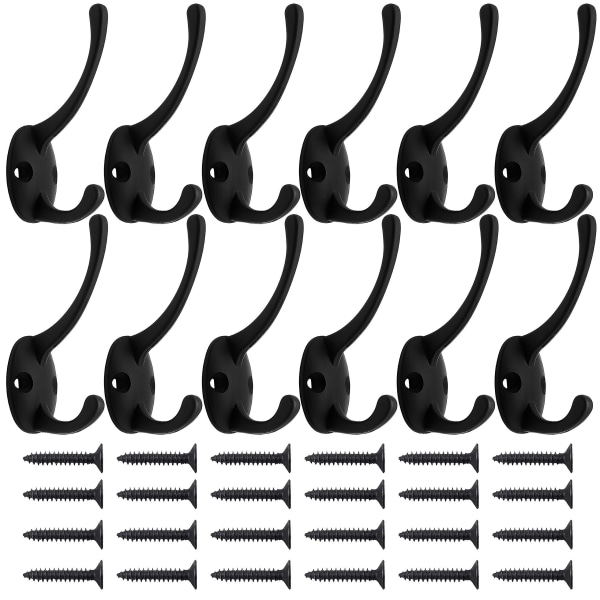 12-pack svarta klädkrokar Väggmonterade med 24 skruvar Retro dubbelkrokar Utility svarta krokar för kappa, halsduk, väska, handduk, nyckel, mössa, cap, mössa