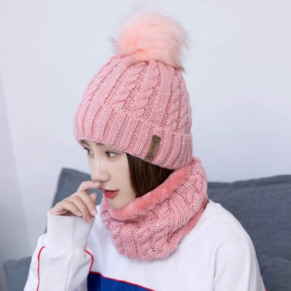 Dame Pompon Hue Hat Halstørklæde Sæt Piger Vinter Ski Hat Slouchy Strikhue Med Fleece Foret（Pink）