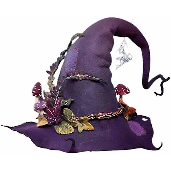 Heksehat i filt med håndlavede blomster til Halloween-kostume
