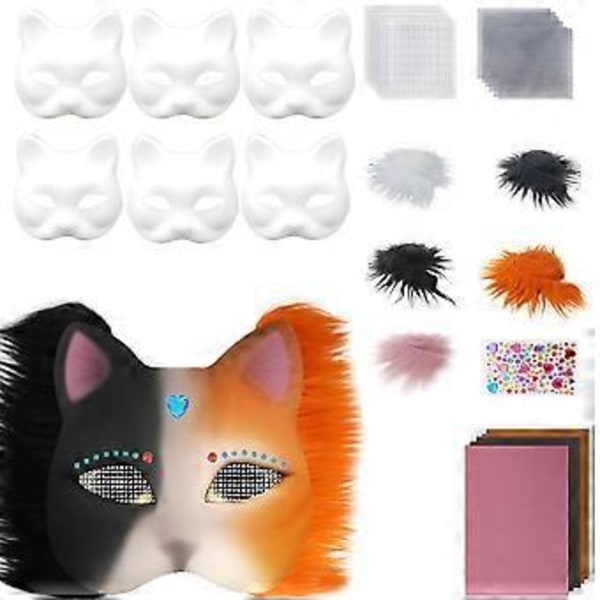 Kattmask Halloweenfestmask Handmålad kattmask med plyschtyg Blank mask Djurmask Djurmaskset Set 6