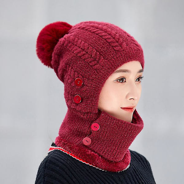 Dames Vinter Beanie Hat Halstørklæde Sæt Varmt Fuzzy Strik Hat Hals Tørklæder（Rød）