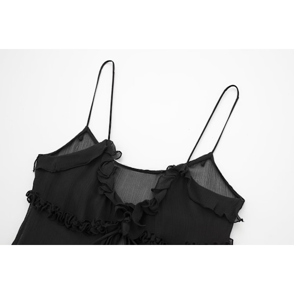 Moderigtig flæsevest og camisole, fransk sexet semi-transparent lagdelt dekorativ top, sort, M Black M