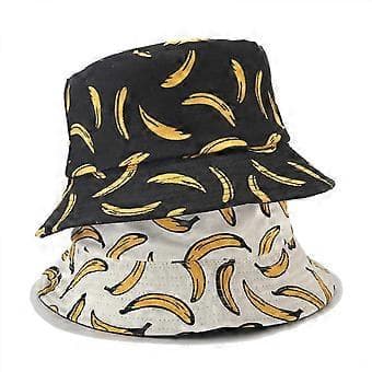 Wekity Sød Spand Hat Strand Fiskerhatte til Kvinder, Vendbar Dobbeltsidet Unisex (Banan, Sort)