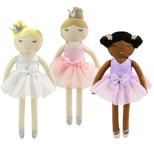 Sett med 3 babydukker, prinsessekjoledukke, plysjdukke, sovedukke (rosa, lilla, hvit).