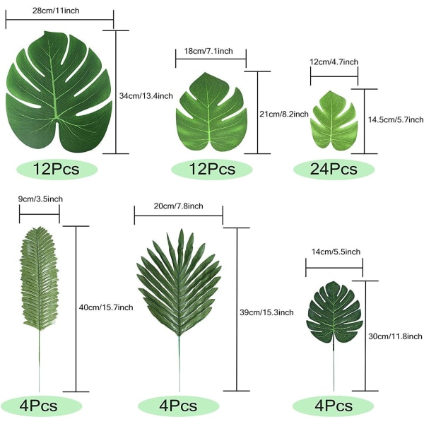 60 kappaletta tekopalmunlehtiä 6 eri tyypissä, keinotekoisia trooppisia kasveja pöytäkoristeluun, Havaijin tai ranta-aiheisiin juhliin