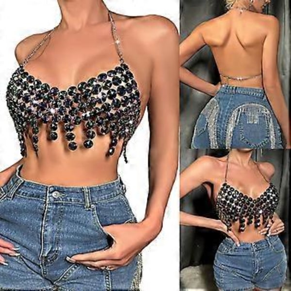Bohemian Crystal Body Chain Kimaltelevat strassit Bikini Rintaketjut Rintaliivit Yökerho Vartalokorut Naisten Musta