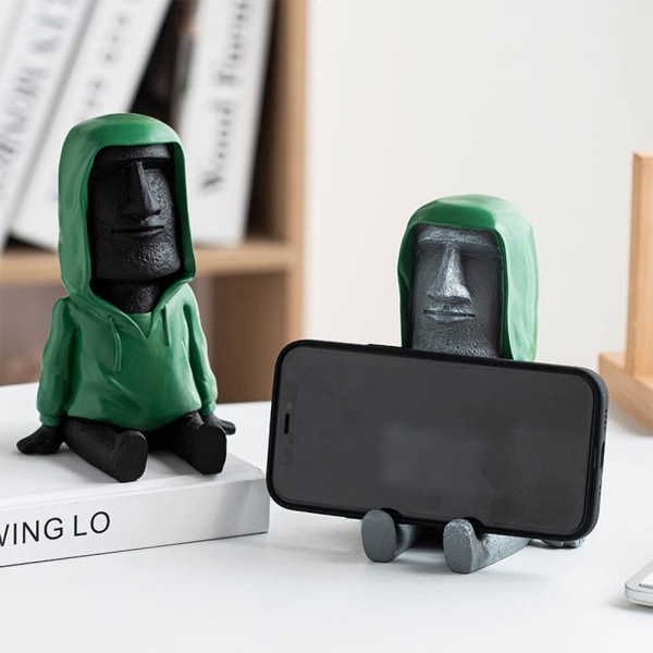 Påskön Moai Staty Dekoration med Smartphone Hållare, Retro Figur Skulptur Hemma Kontor Prydnad med Telefon Hållare, för Hylla Skrivbordsdekoration, Svart