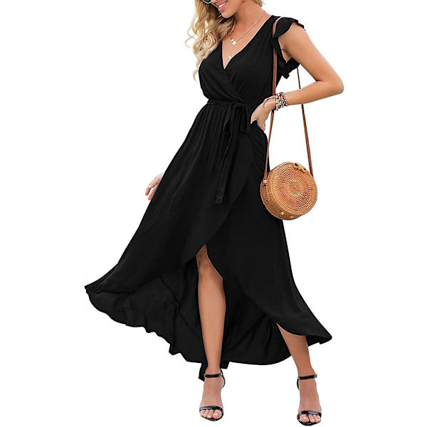 Kvinder S Sommer Blomster Print Kryds V Hals Kjole Bohemian Flydende Lange Maxi Kjoler L Sort