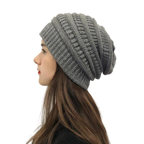 Vinterstrikkede hue til kvinder, silkefor med satin, chunky hue, blød strækbar kabelstrik, varm slouchy hue (mørkegrå1)