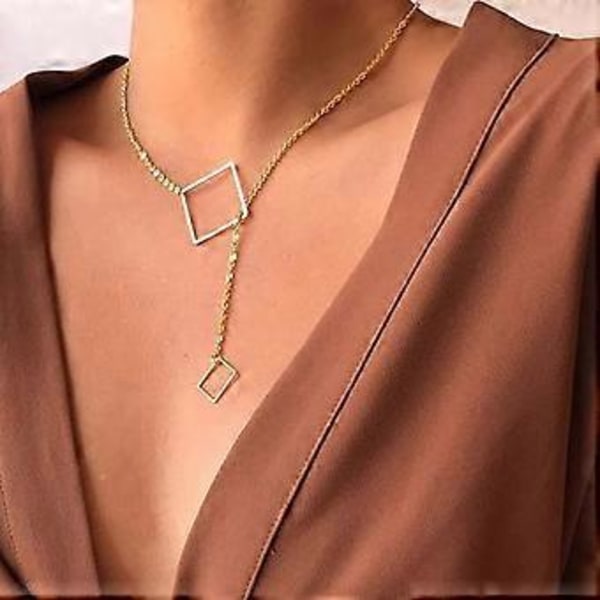 Boho Firkant Y Halskjede Choker Kjede Gull Firkant Lariat Halskjede Minimalistisk for Kvinner Jenter，Smykkegaver til Mor Kone Kjæreste