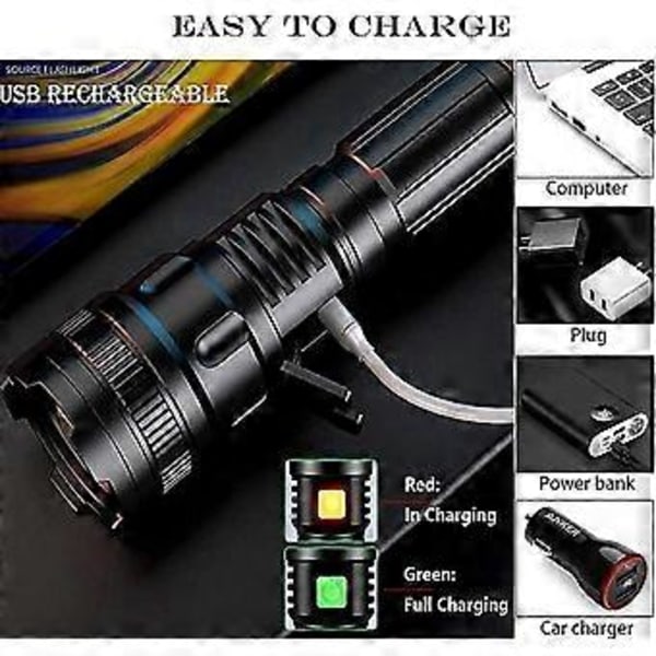 USB Uppladdningsbar LED Ficklampa, Super Stark Zoombar Lykta, Vattentålig, 3 Lägen, Taktisk Batteridriven Ficklampa