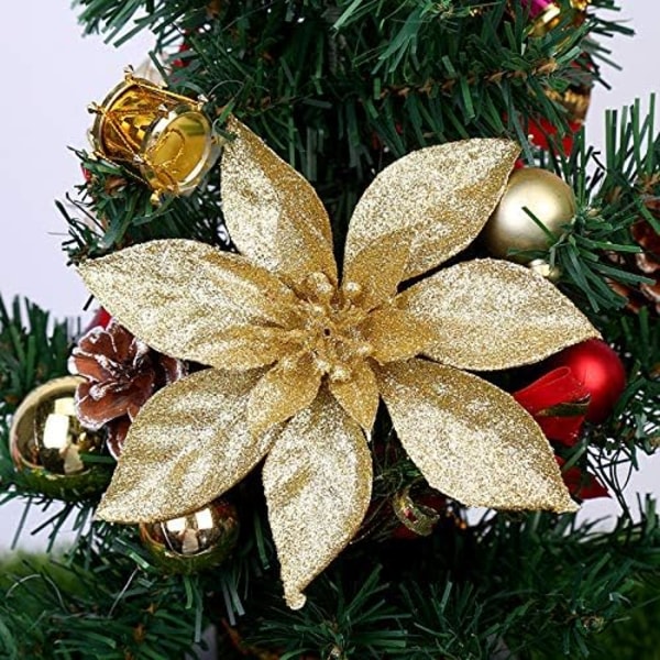 (Guld, 15CM) 10 stk. Glitter Juleblomster med Kunstig Poi