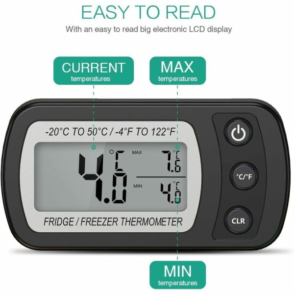 Sähköinen lämpömittari keittiön jääkaappiin, kosteudenkestävä ja vedenpitävä, päivitetty versio magneetilla ja mustalla koukkulla (-20 50 ℃)