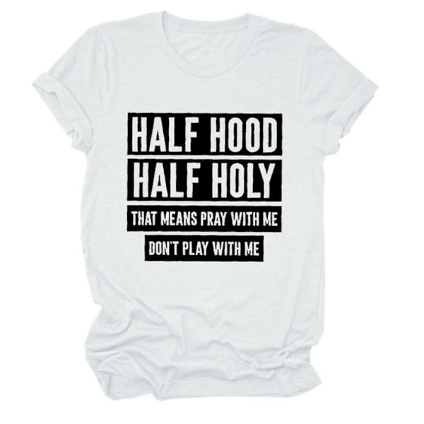 T-shirts för kvinnor Crewneck Kortärmad tröja med bokstäver Tryck Tee Tops Halv huva Halv helig（S Vit）