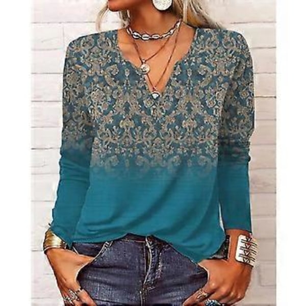 Vintage-kuvioitu pusero V-pääntie Pitkähihainen Löysä kuvioitu pusero Naisten treffeille (2XL Vihreä) Green 2XL