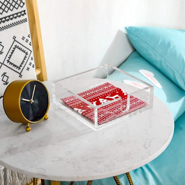 Akryl frokostserviet holder, dekorativ servietbakke til spisebord og køkken, gennemsigtig flad serviet holder tissue dispenser, 7,1 x 7,1 x 2,6 tommer