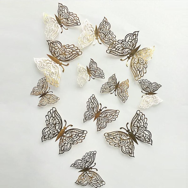 24 kpl 3d perhosseinätarrat 3 kokoa perhosseinätarrat huoneen seinäkoristelu makuuhuoneen juhlahääkoristeisiin (kulta)