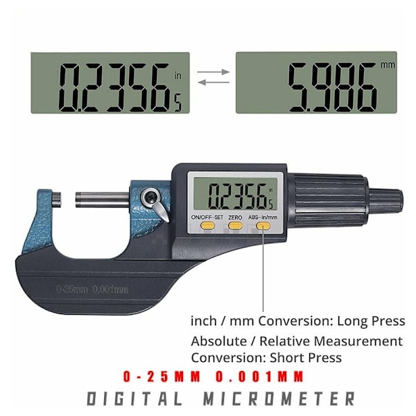 Elektronisk mikrometer Mikrometer Veggtykkelsesmikrometer Digital Mikrometer 0-25mm 0.001MM