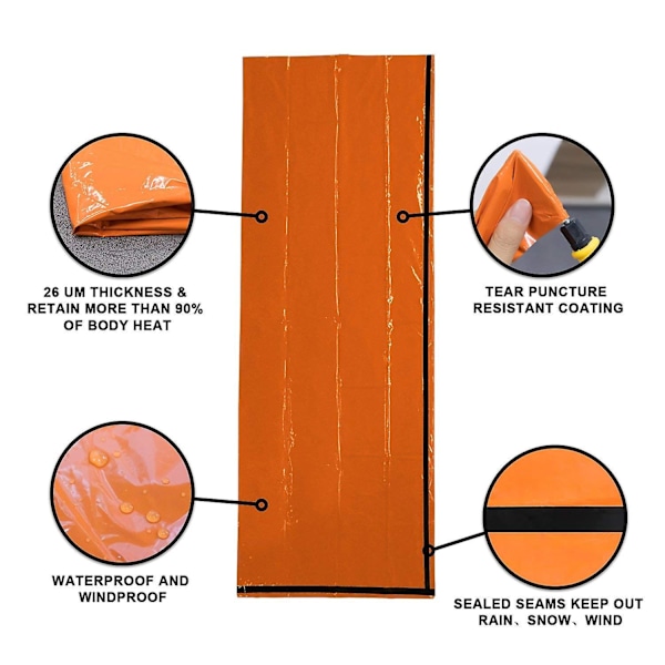 Överlevnads sovsäck, nödbivacksäck nödräddningsfilt återanvändbar för utomhuscamping, vandring (orange)