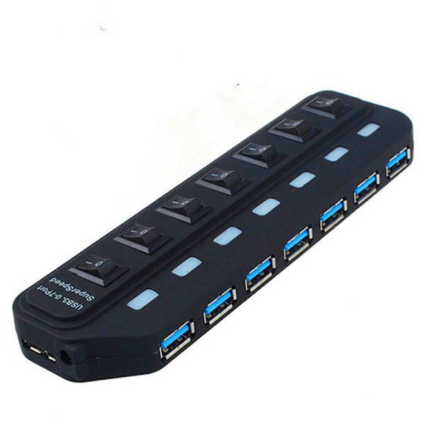 Strömdriven USB 3.0-hubb 7-portars datahubb med individuella switchar USB