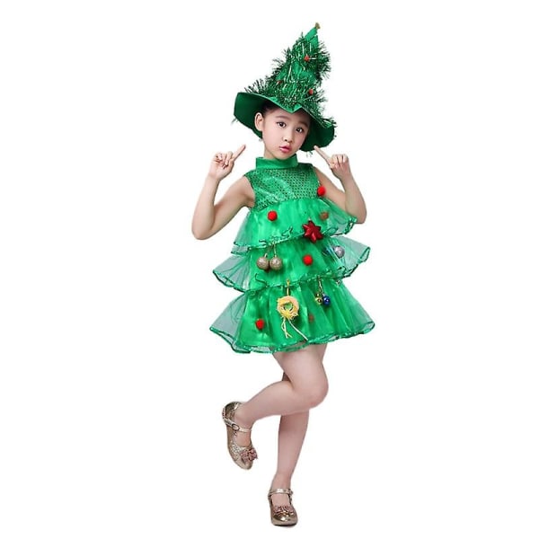 Girls Christmas Tree Costumes Kids Cosplay Outfit Dress With Hat Nativity Fnacy Show Performance（100cm）