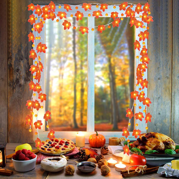 Höstdekor 20ft 40 LED Lönnlöv Höstdekorationer för Hem, Thanksgiving Jul Halloween Ljusslingor, Vattentät Dekor för Hem Inomhus Utomhus