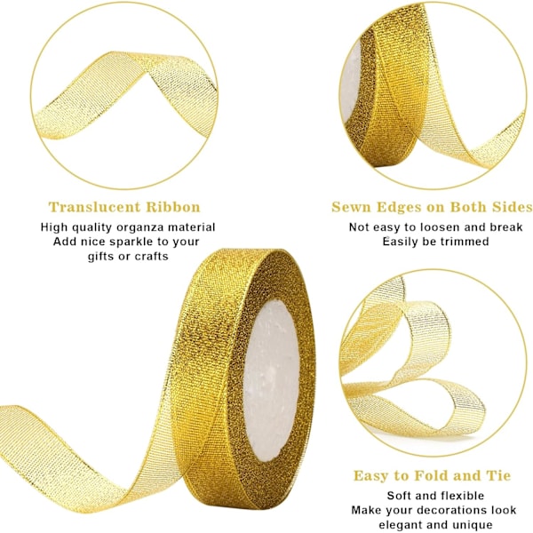 Gyllene organzaribbon, 20mm glittrande julband för presentförpackning, 44m presentband dekoration tårtband glittrande metallförpackningsband