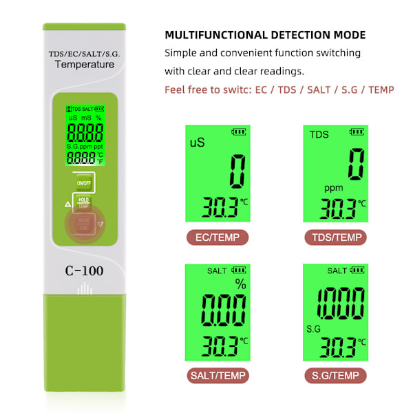 5 i 1 Digital Vandkvalitetstester Test TDS/EC/Salinitet/SG./Temp