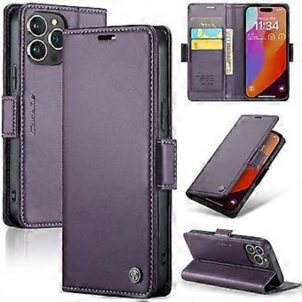 För iPhone 16 Pro Max Läderfodral CASEME 023 RFID-blockerande 3 Kortfack Mobilskal Purple