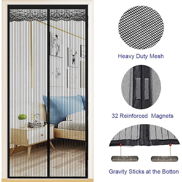 Magnetisk vinduesgitter 85x220cm, selvklæbende net, anti-myg magnetisk gardin selvlukkende, ingen boring, til vinduer og døre (85*220cm sort)