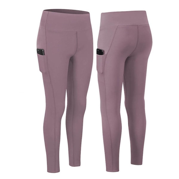 Kvinners høye midje sidelomme tights sports leggings yoga bukser（4(S) lilla）