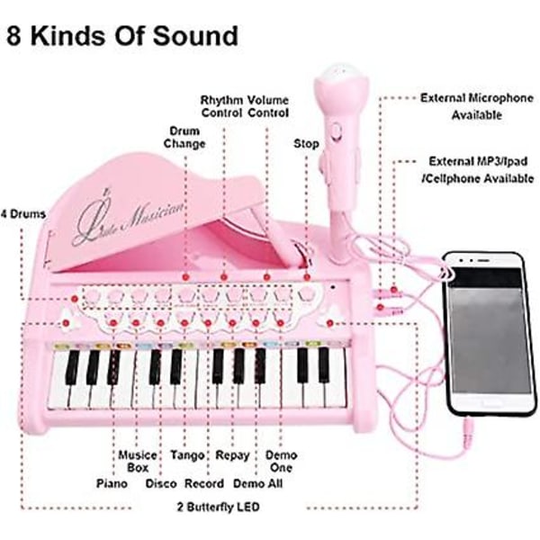 Barnpiano, Toddler Pink Piano, Baby Piano Keyboard, 24 tangenter elektroniskt leksakspiano för barn med mikrofon
