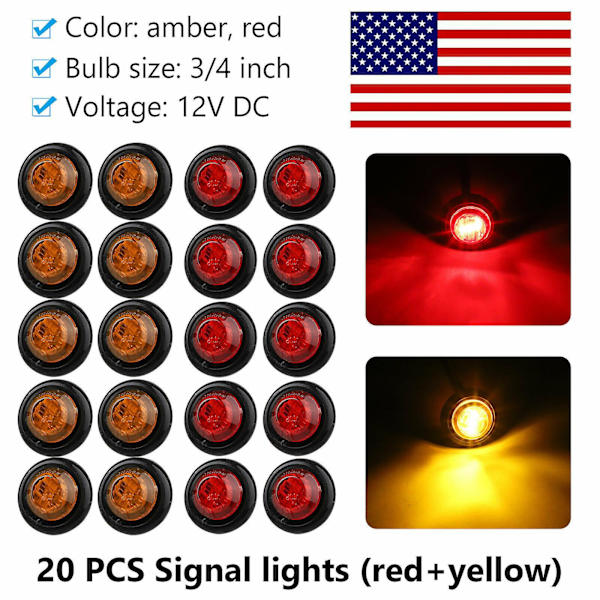 20 stk. 3 LED 3/4\" runde sidemarkør indikatorlys, lastbilsignallys til 12v bil bus lastbil trailer