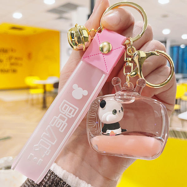 Söt flytande panda björn nyckelring Kawaii Anime Motion Liquid Quic