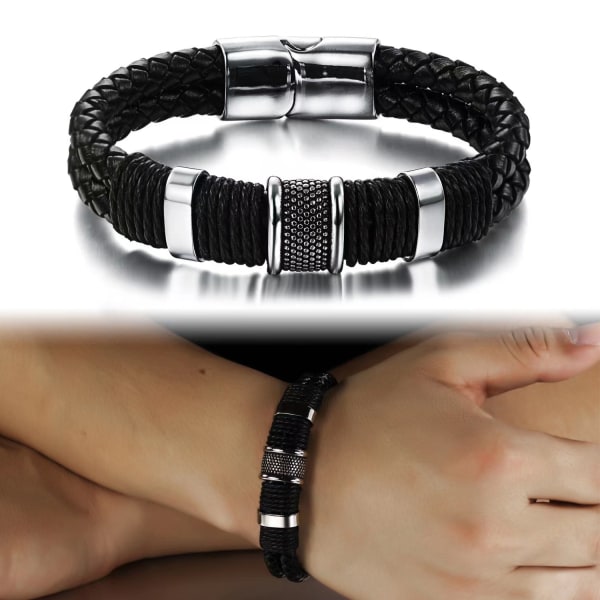 Homme tressé délicat titane acier cuir bracelet couple double double acier inoxydable aimant boucle bracelet